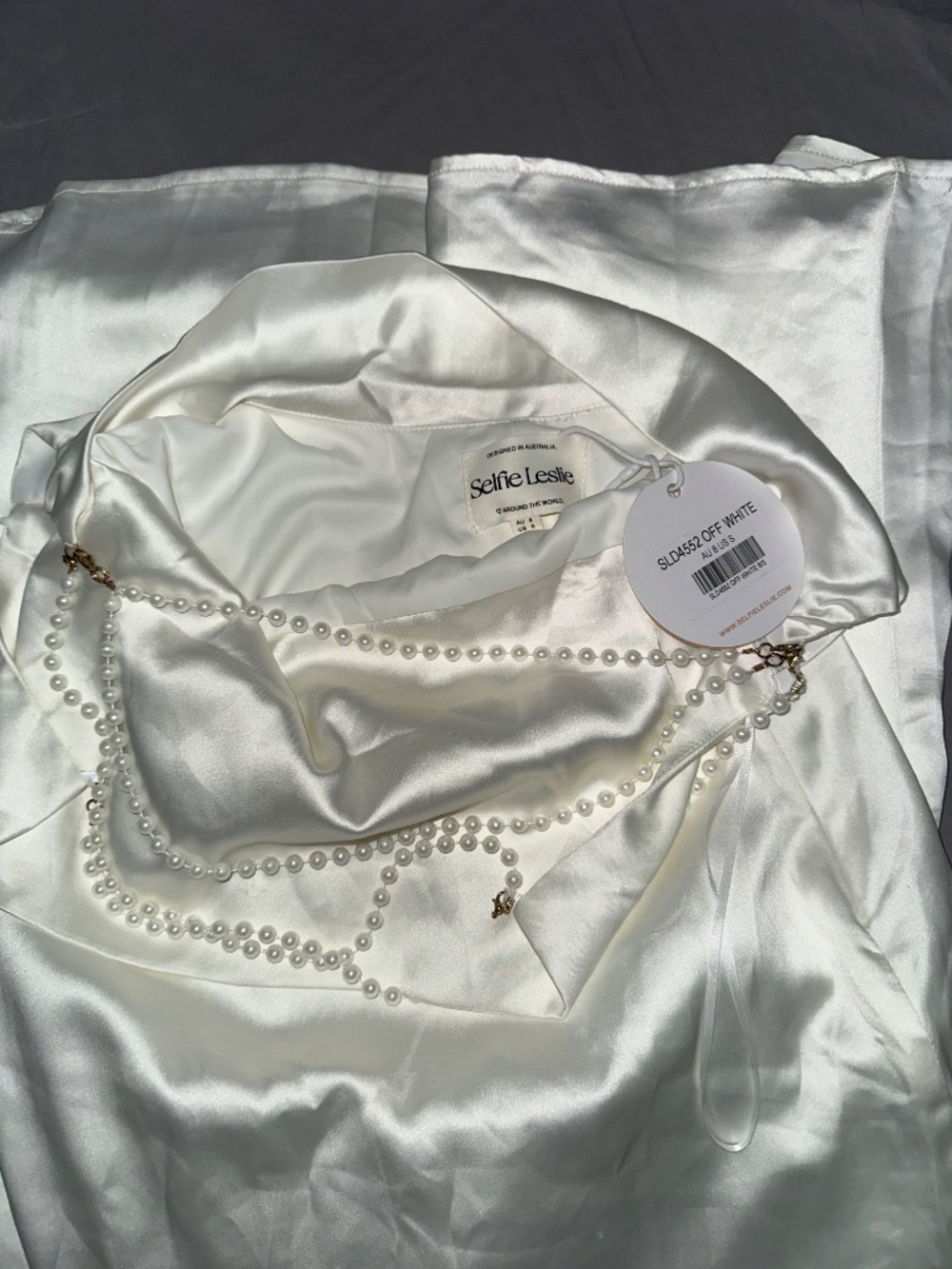 Selfie Leslie Eternal Flame Pearl Strap Midi Dress Off White Size Small NEW - Picture 6 of 6